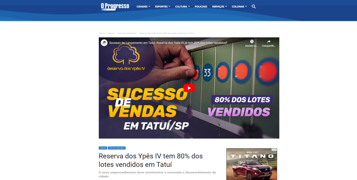 [Reserva dos Ypês IV tem 80% dos lotes vendidos em Tatuí]