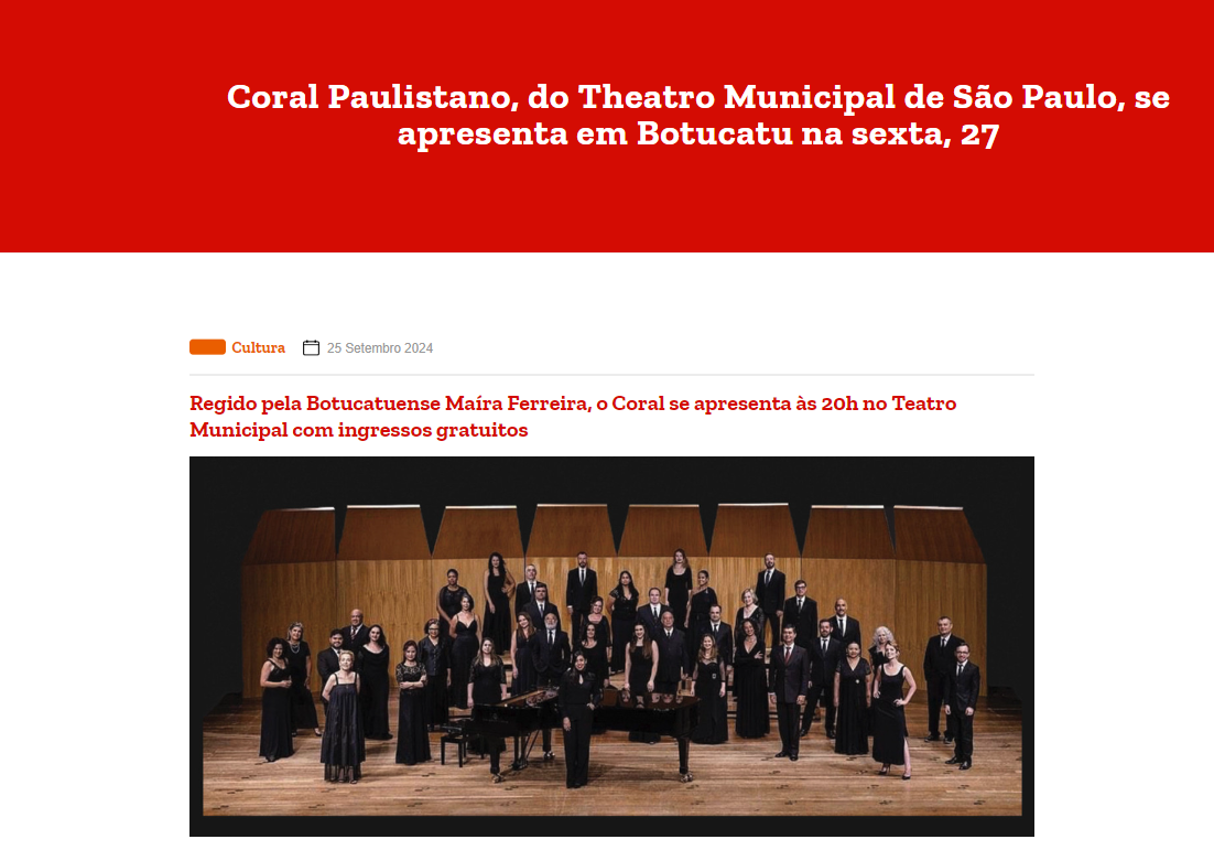 [Regido pela Botucatuense Maíra Ferreira, o Coral se apresenta às 20h no Teatro Municipal com ingressos gratuitos]