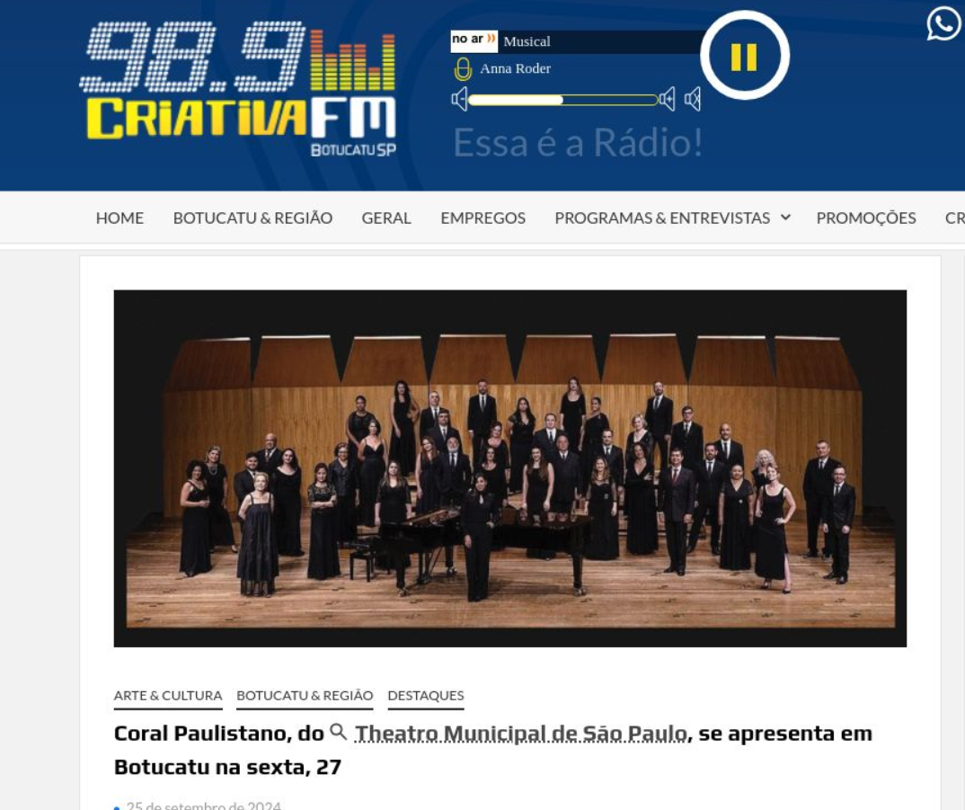 [Coral Paulistano, do Theatro Municipal de São Paulo, se apresenta em Botucatu na sexta, 27 - Criativa FM]